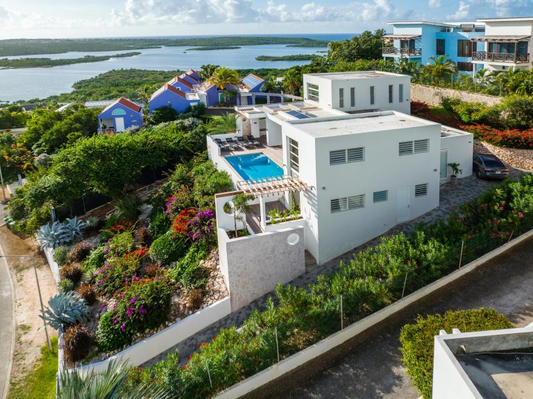 Tropische tuin met palmbomen en bougainville Curaçao villa